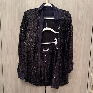 Sparkling Black Sequin Button-Up Shirt and Shorts